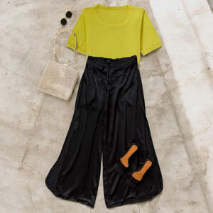 Kashi Satin Black Palazo Wide Leg Pants Hippie Boho Side Slit XL